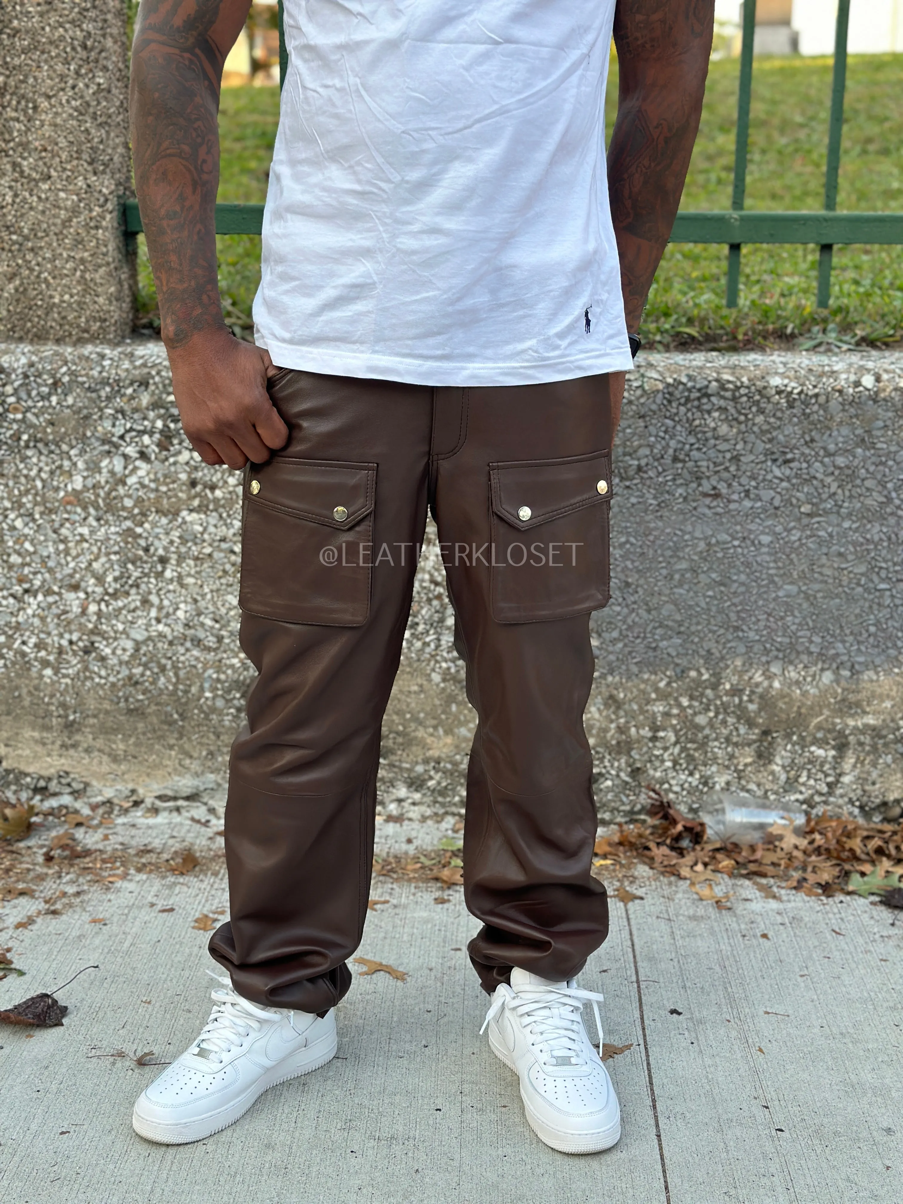 Men's Leather Cargo Jean Pants [Chocolate Brown]