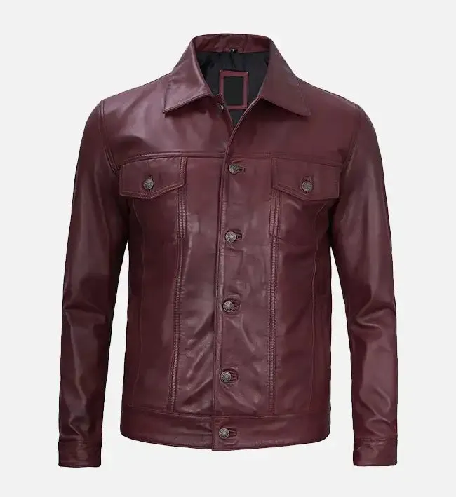 Men's Leather Maroon Trucker Jacket