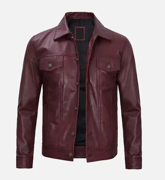 Men's Leather Maroon Trucker Jacket