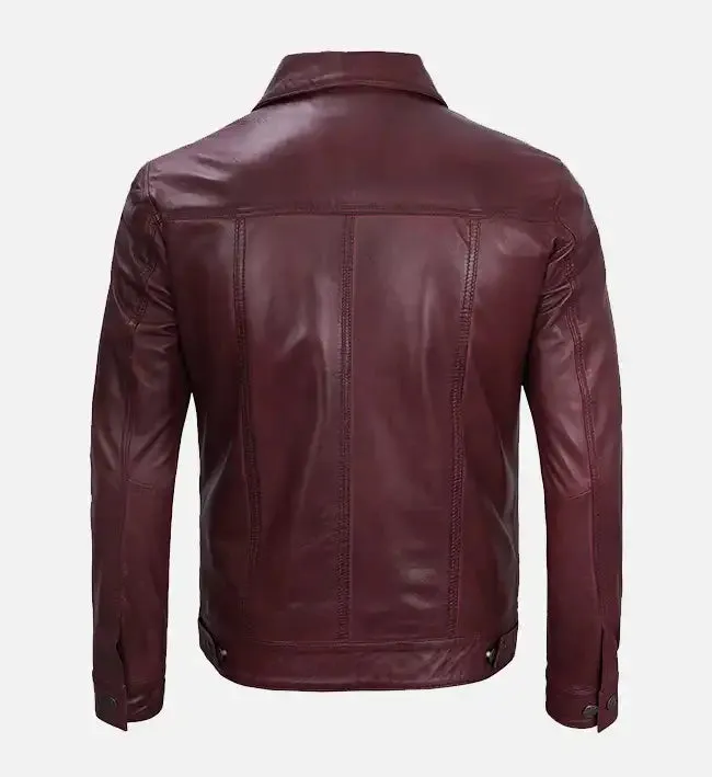 Men's Leather Maroon Trucker Jacket