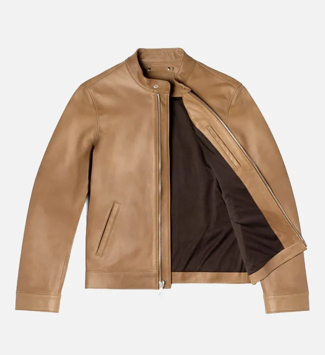 Men's Walnut Cafe Racer Leather Jacket