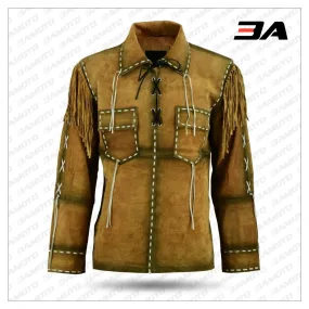 Mens Western Cowboy Brown Suede Leather Jacket With Fringe