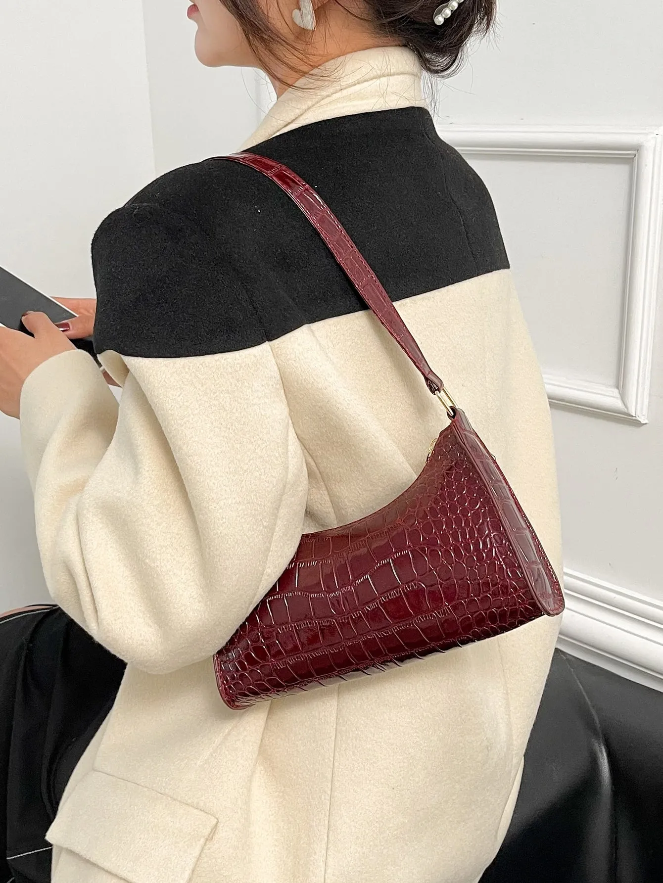 Minimalist Croc Embossed Baguette Bag