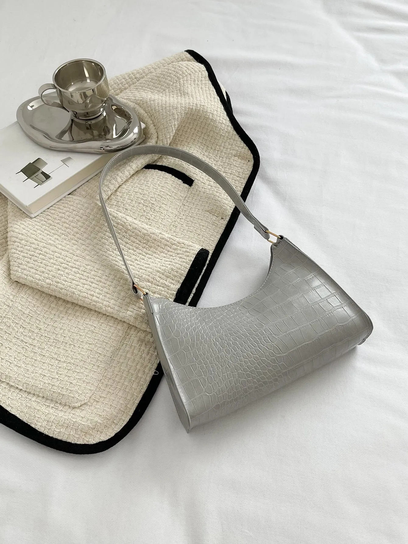 Minimalist Croc Embossed Baguette Bag