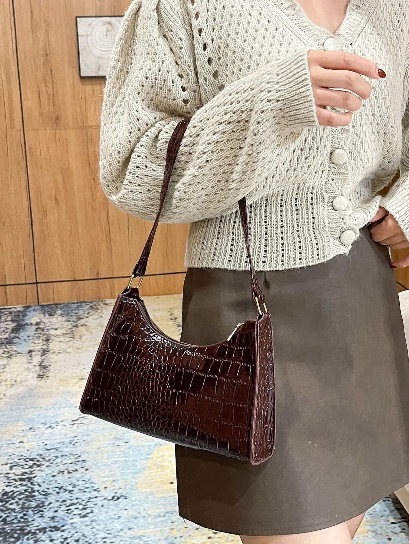 Minimalist Croc Embossed Baguette Bag