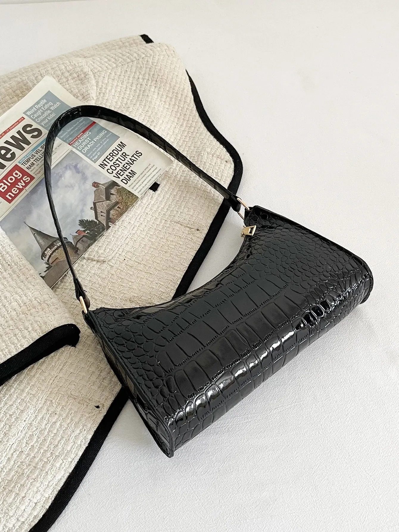 Minimalist Croc Embossed Baguette Bag