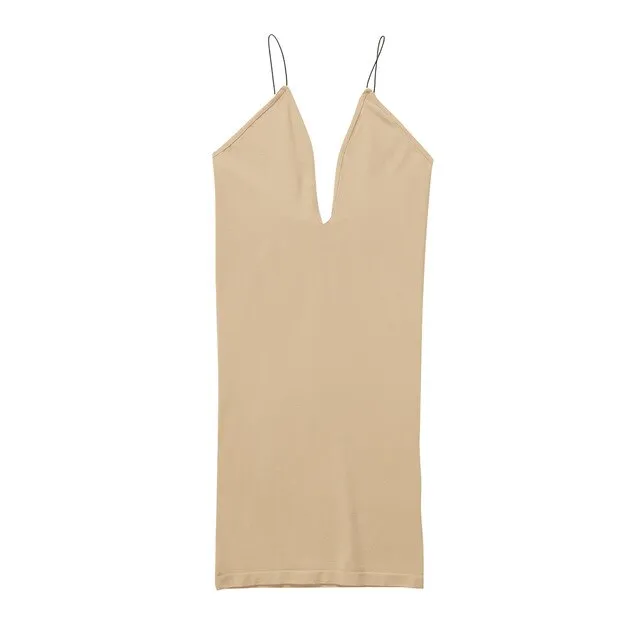 Nude Cami Dress Seamless Beige Tan Slip Adjustable Strap Stretch Camisole Bodycon Mini Dress Choose Deep V Neck Or Long Midi Too! One Size