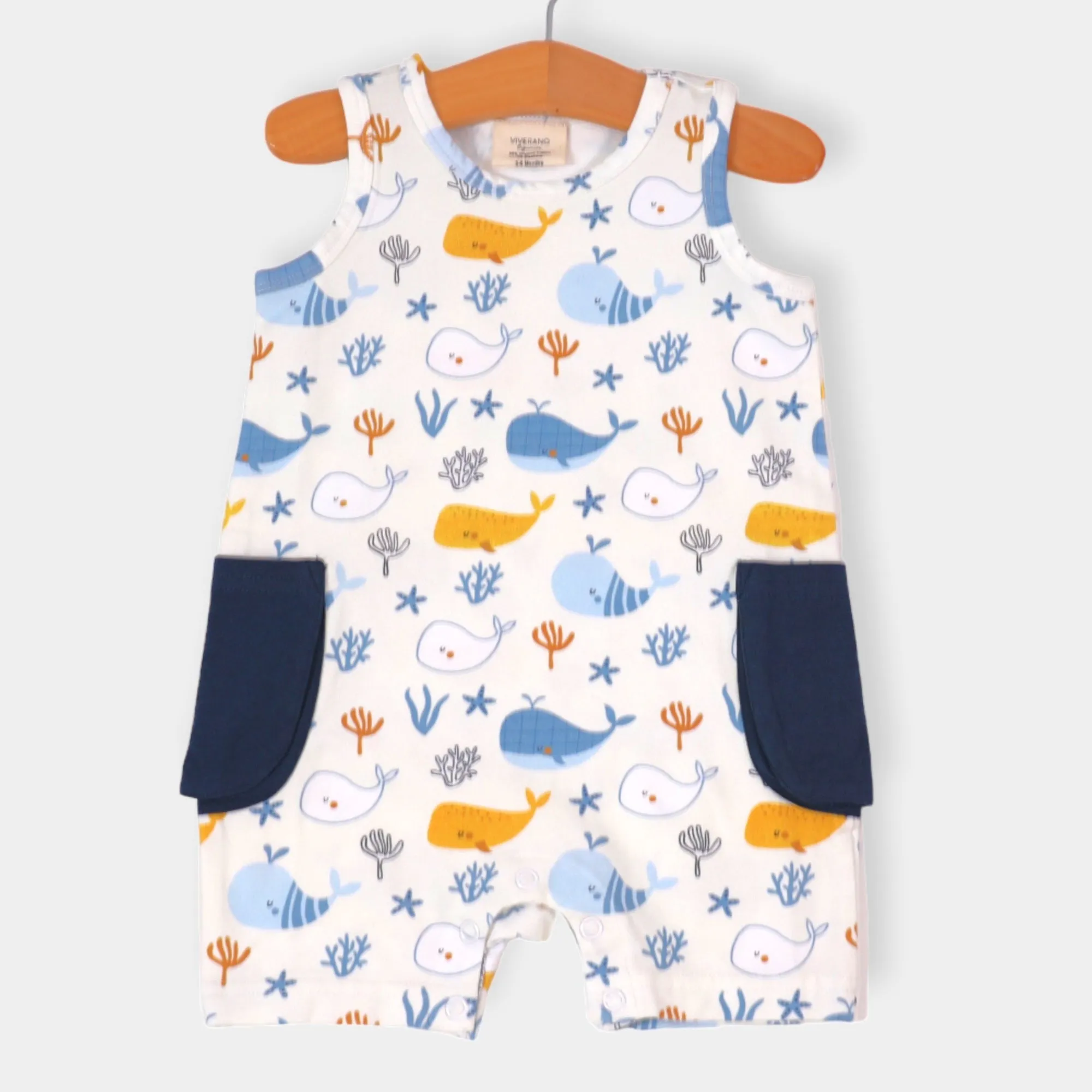 Ocean Whales Side Pocket Sleeveless Baby Romper (Organic)