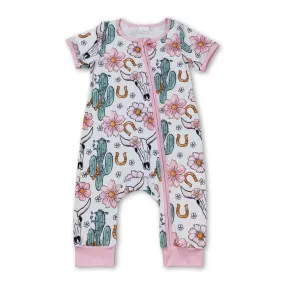 Pink Bull Skull Cactus Floral Baby Girls Zipper Romper Onesie