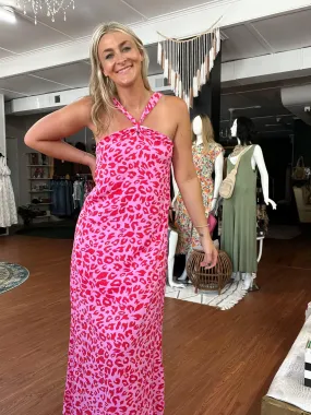 Pink Leopard Halter Slip Maxi Dress