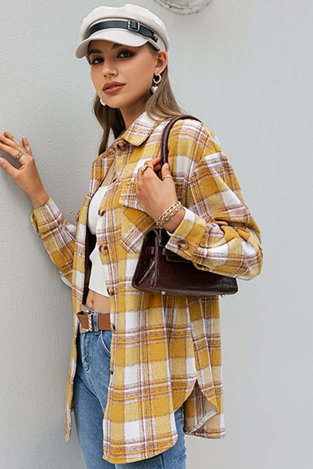 Plaid Button Down Side Slit Shirt Jacket