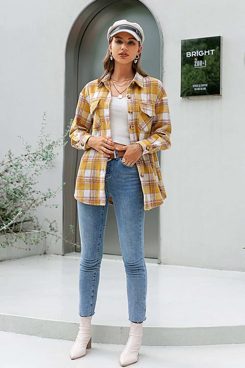 Plaid Button Down Side Slit Shirt Jacket