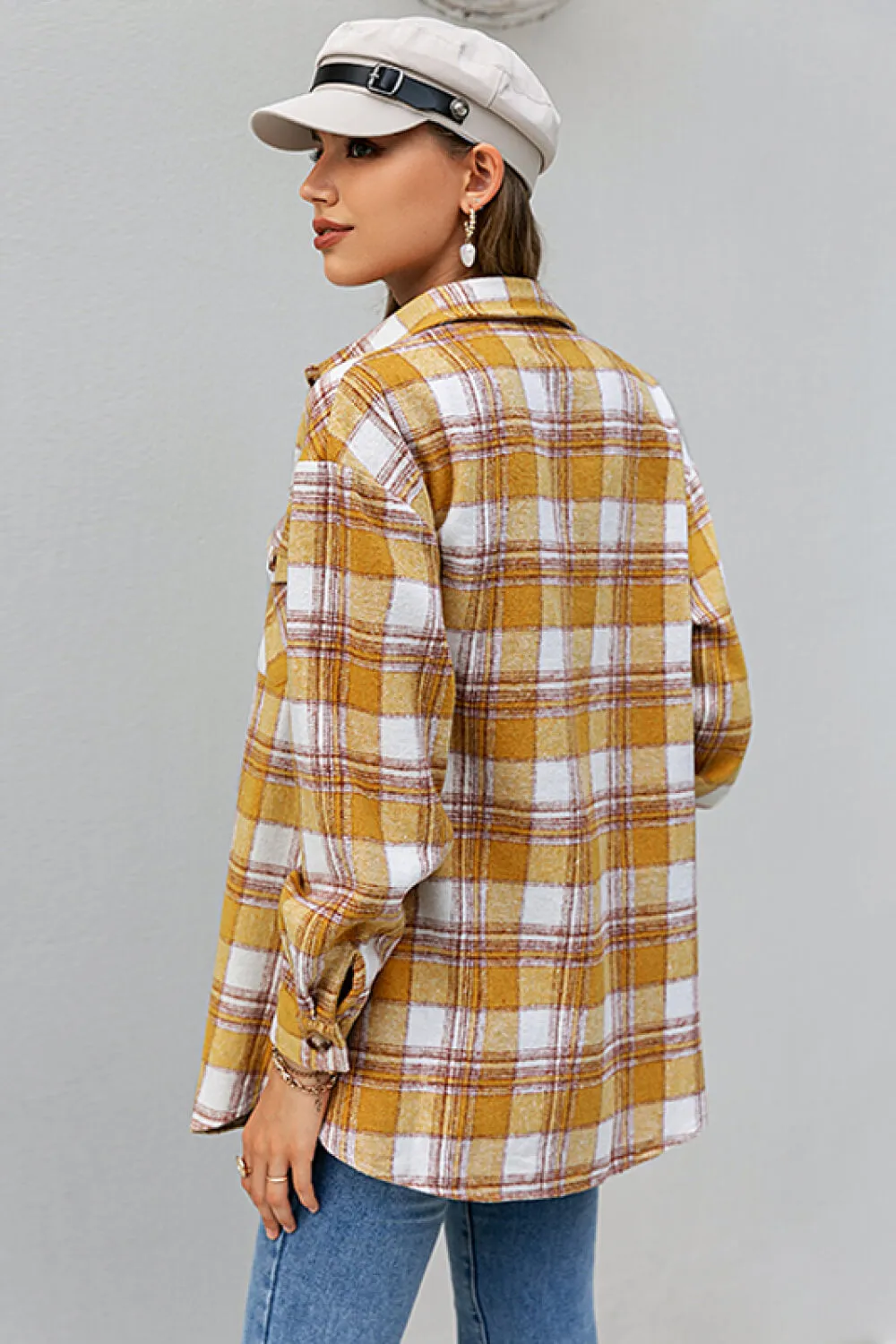 Plaid Button Down Side Slit Shirt Jacket