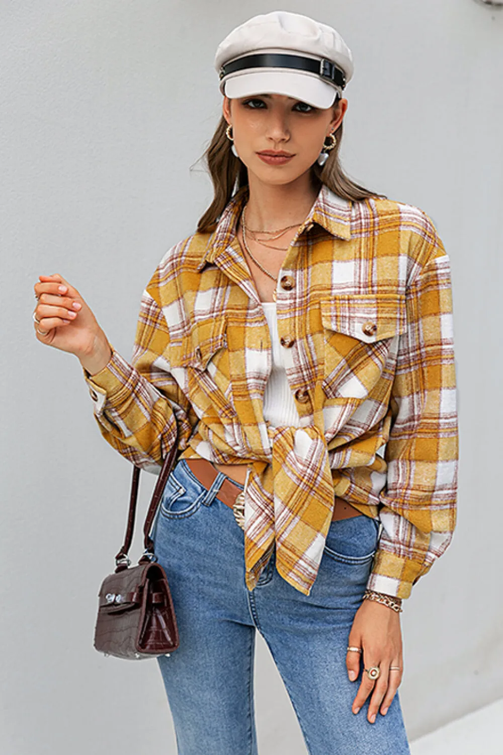 Plaid Button Down Side Slit Shirt Jacket