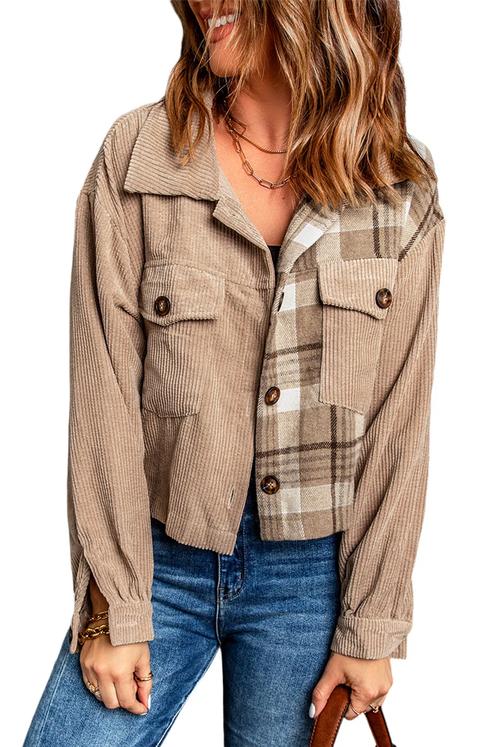 Plaid Corduroy Dropped Shoulder Jacket