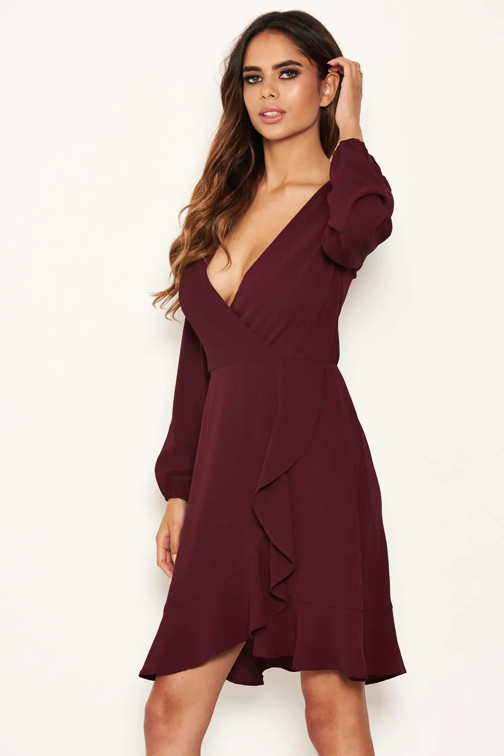 Plum Frill Wrap Long Sleeve Dress