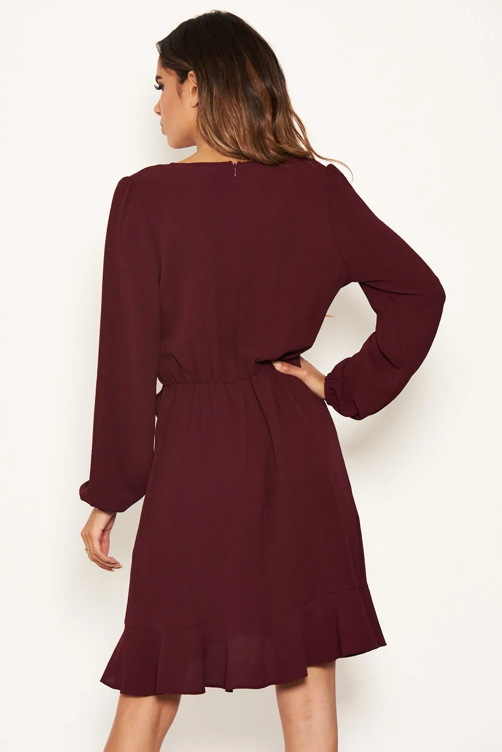 Plum Frill Wrap Long Sleeve Dress