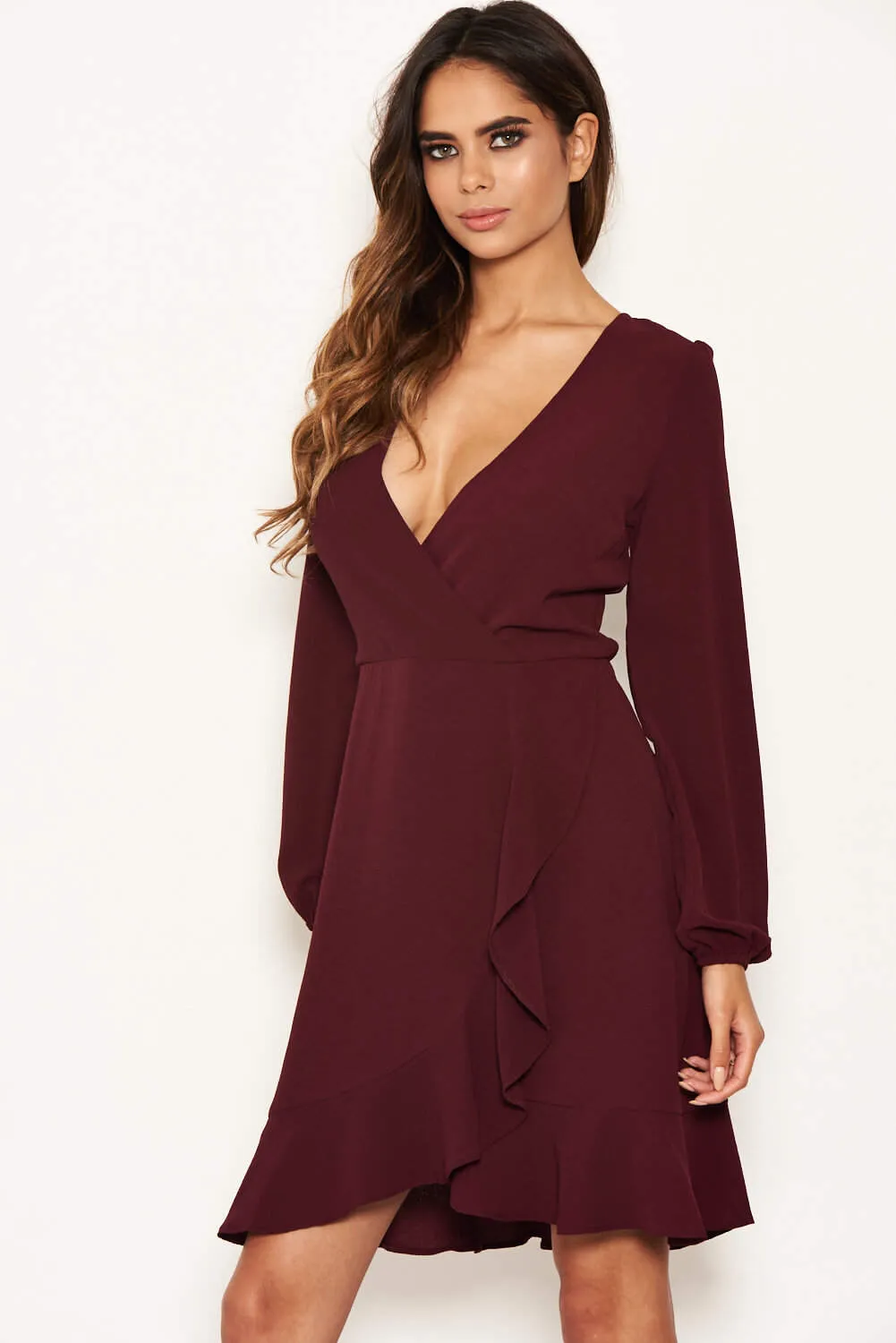 Plum Frill Wrap Long Sleeve Dress