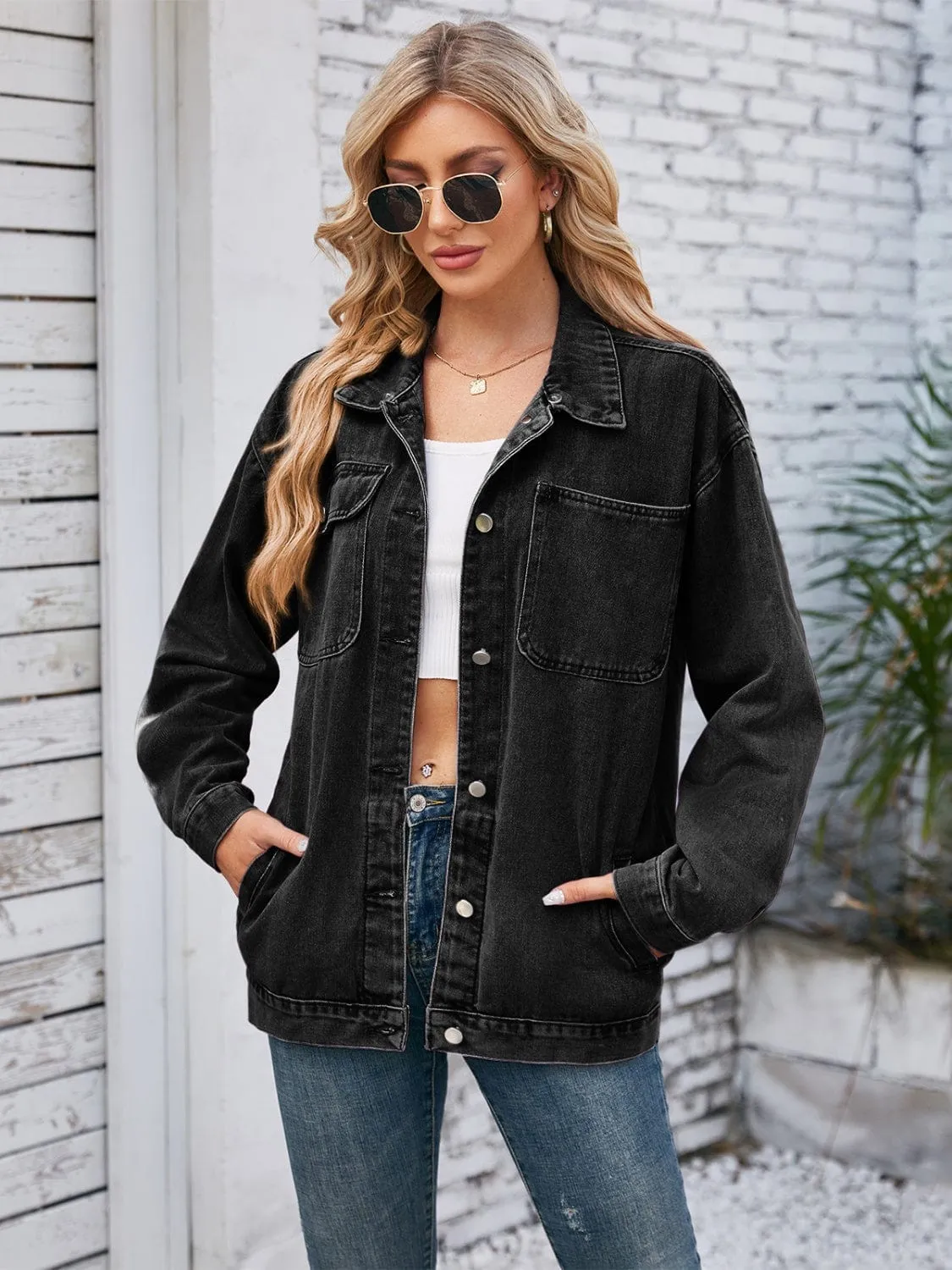 Pocketed Button-Up Detachable Hooded Denim Jacket