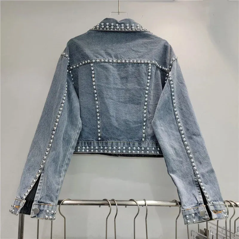 Pre Order: 3D Workwear Pocket Rivet Studded Diamond Tassel Denim Jacket