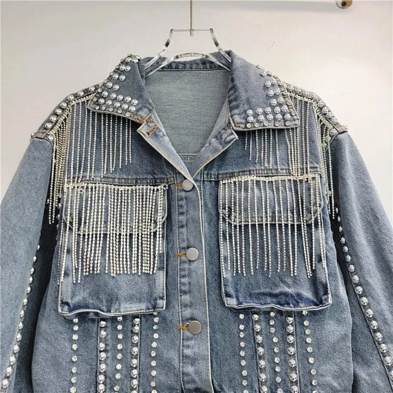 Pre Order: 3D Workwear Pocket Rivet Studded Diamond Tassel Denim Jacket