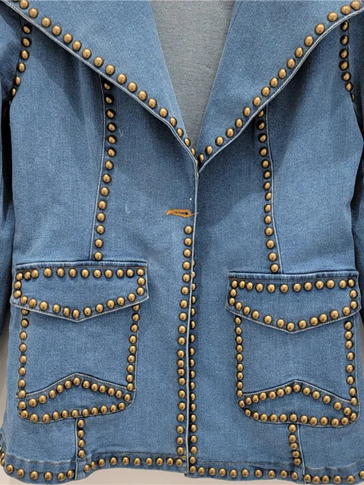 Pre Order:  Notched Collar Pocket Rivet Long Sleeved Denim Jacket