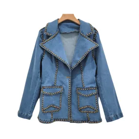 Pre Order:  Notched Collar Pocket Rivet Long Sleeved Denim Jacket