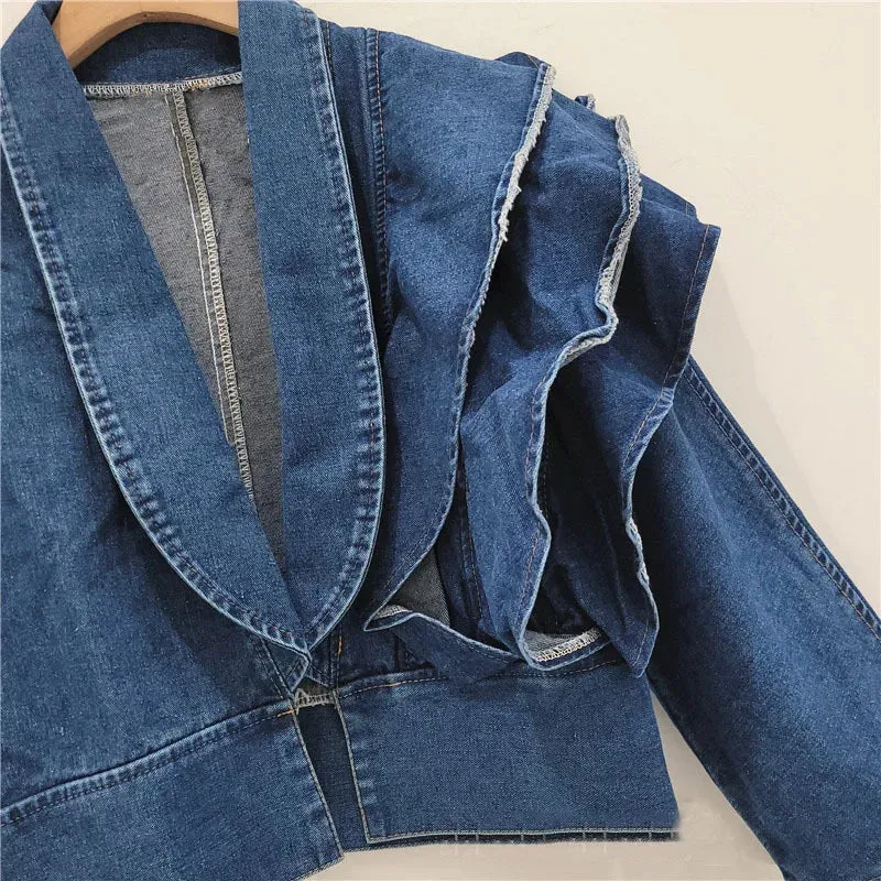 Pre Order:  V-Neck Ruffle Edge Denim Jacket