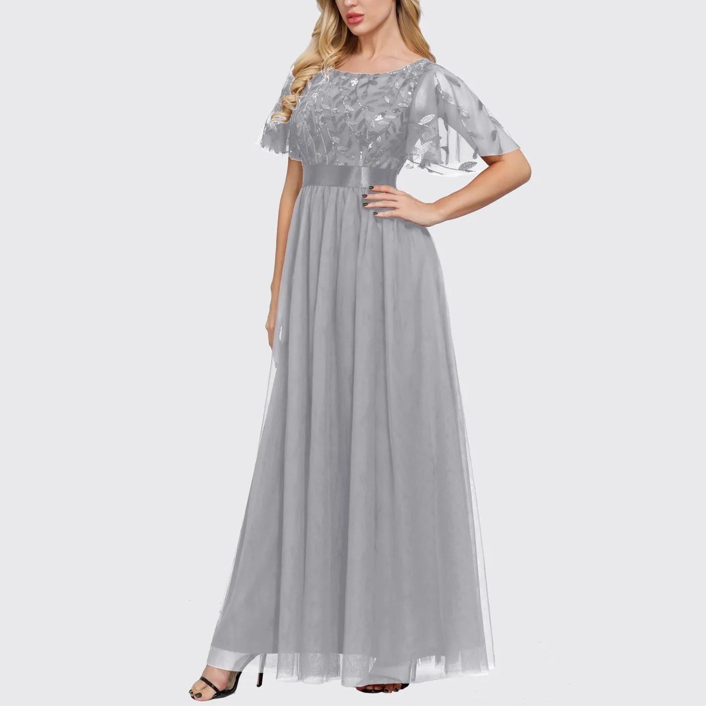 Premium sequins short sleeves flare maxi dress | Evening gowns party A line long dress