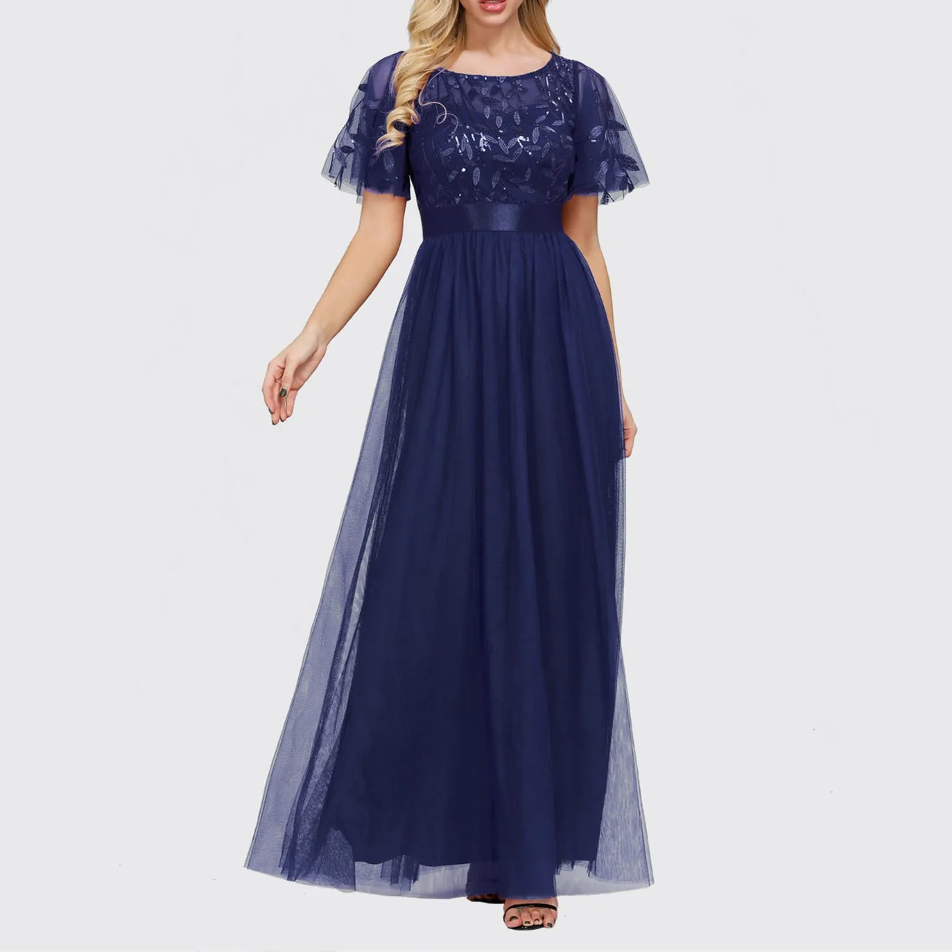 Premium sequins short sleeves flare maxi dress | Evening gowns party A line long dress