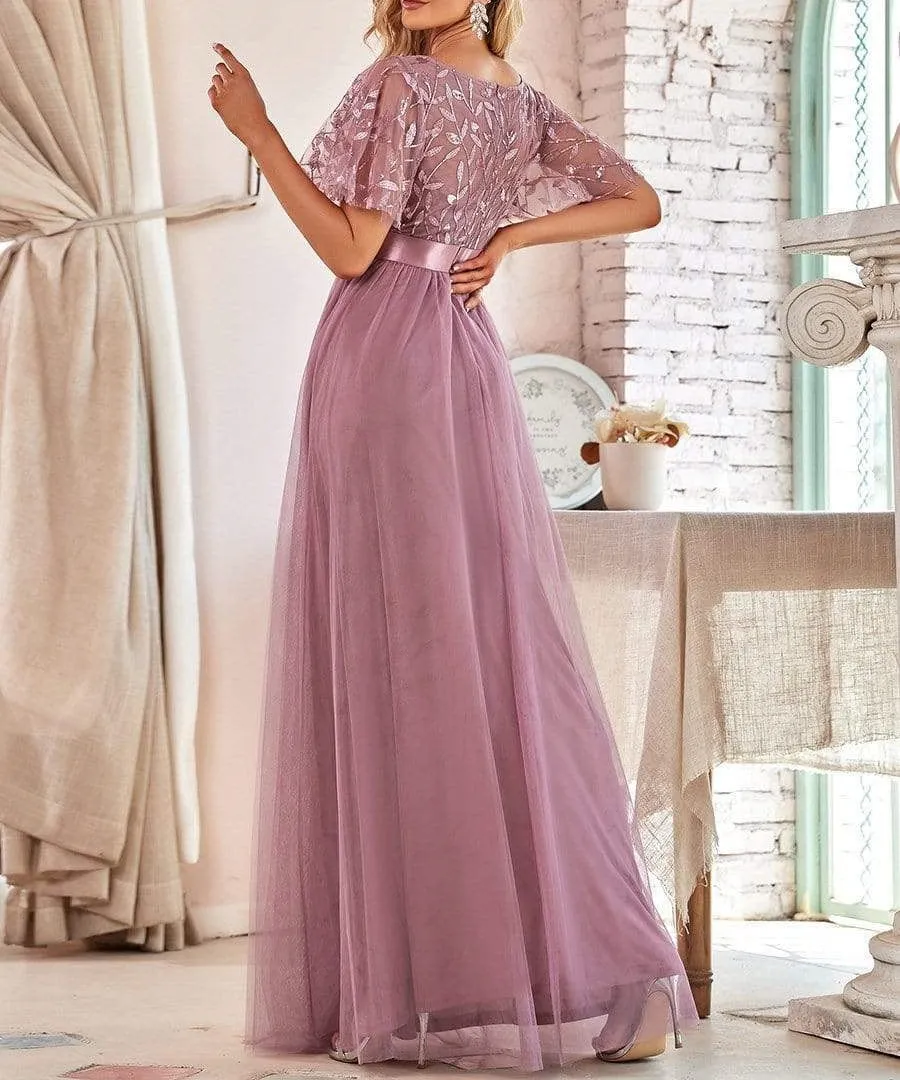 Premium sequins short sleeves flare maxi dress | Evening gowns party A line long dress