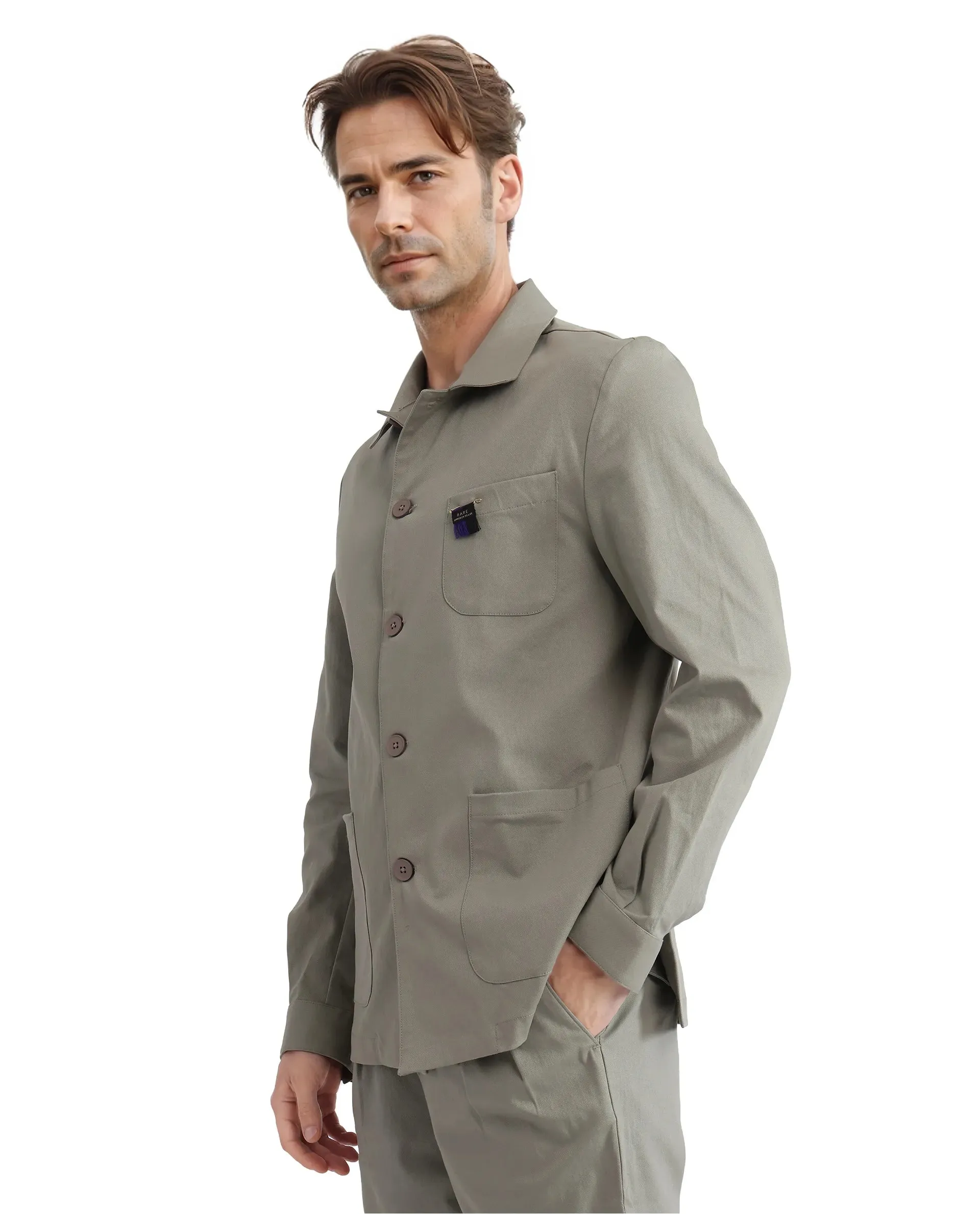 Rare Rabbit Men's Torroy Dusky Green Cotton Fabric Full Sleeves Collared Neck Plain Jacket