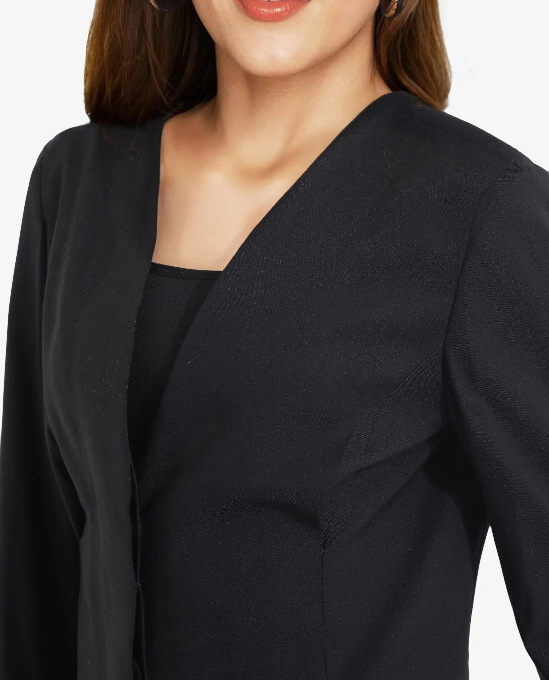 Rareism Women Charal Black Full Sleeve Lapel Neck Button Plain Blazer