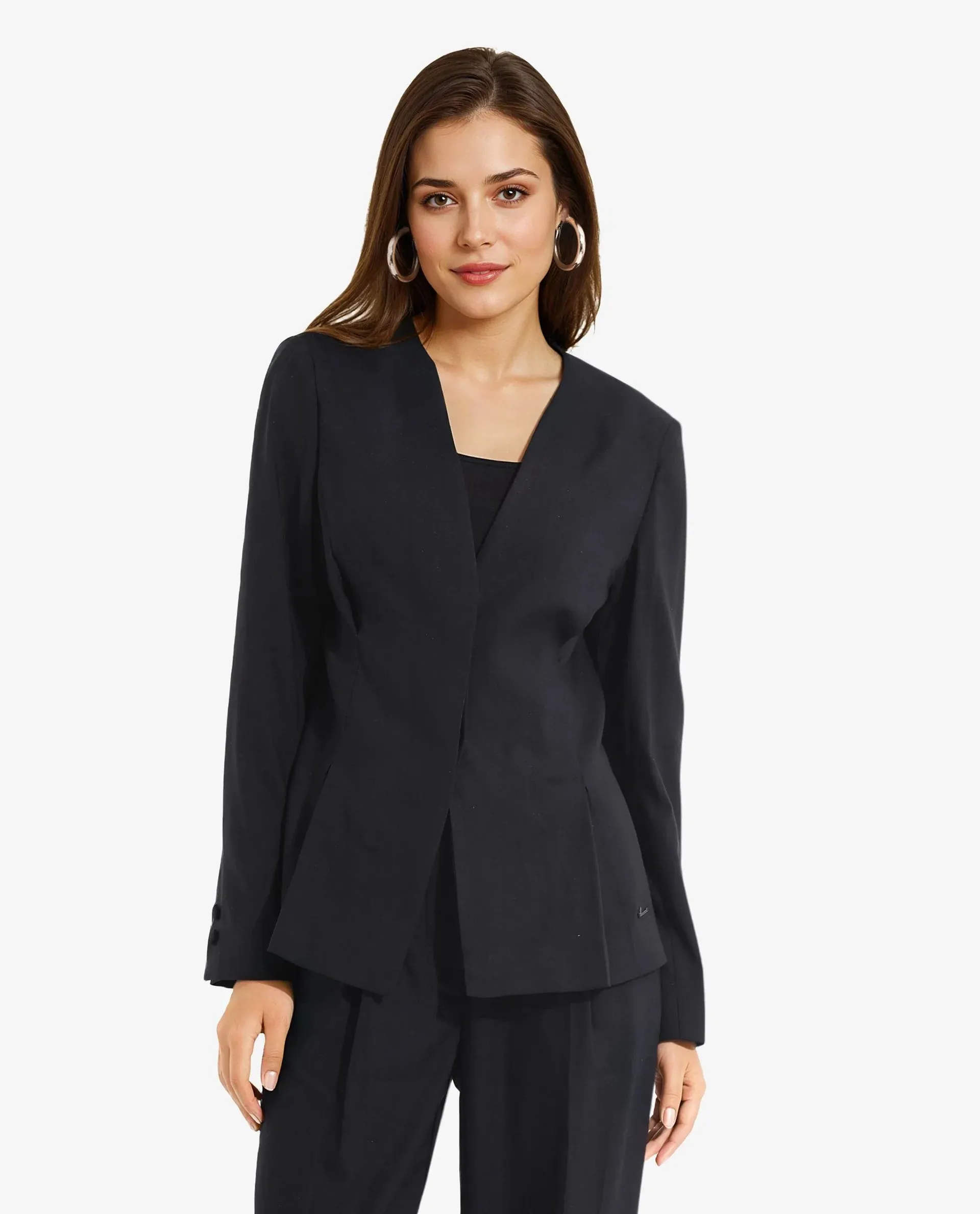 Rareism Women Charal Black Full Sleeve Lapel Neck Button Plain Blazer