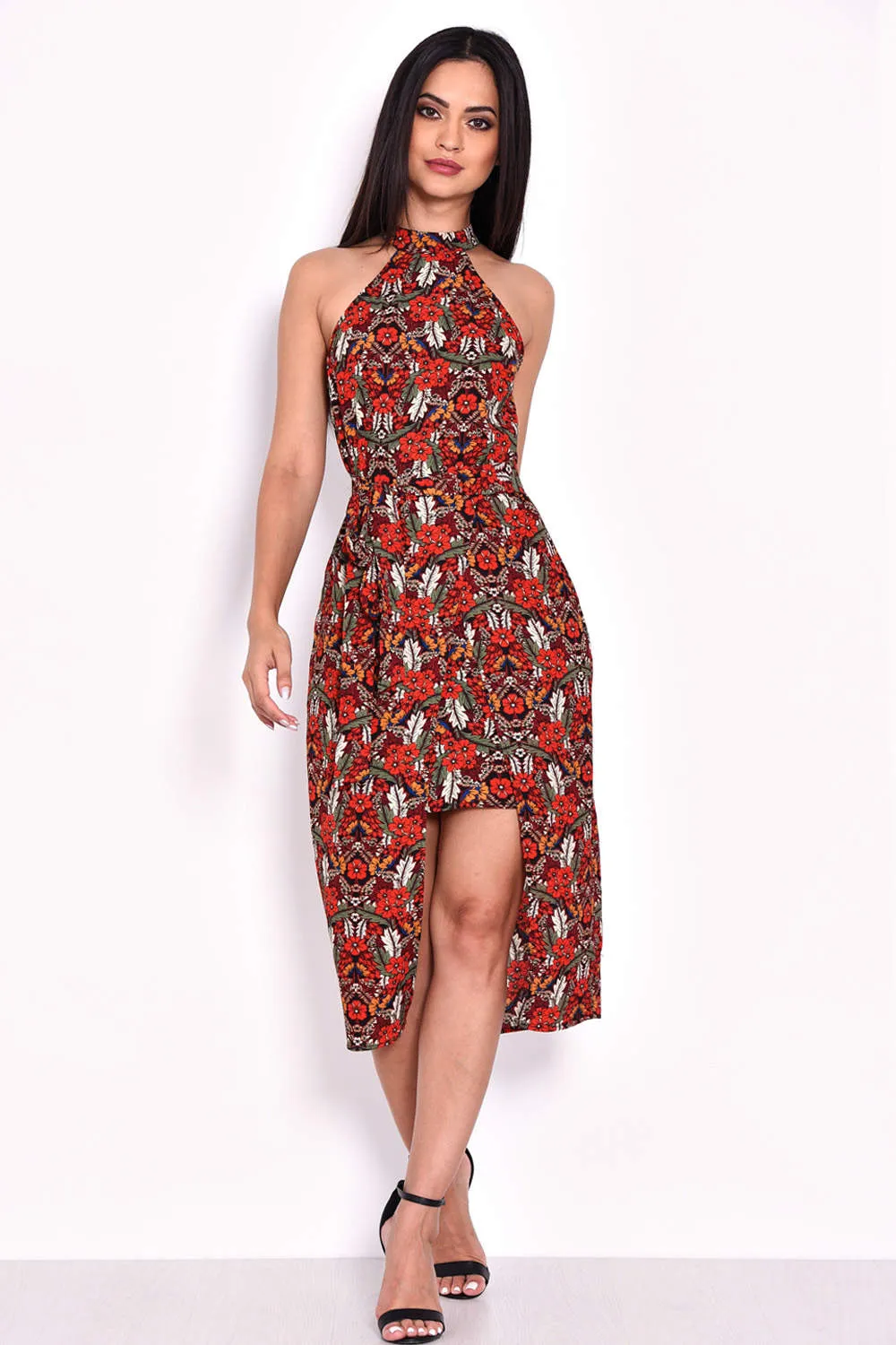 Red Floral Choker Neck Dress