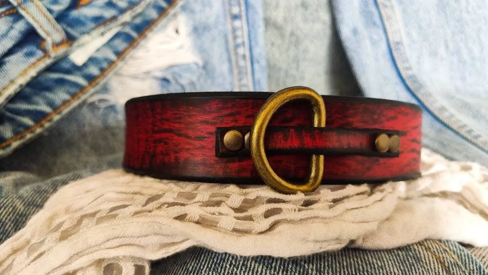 Red Leather Dog Collar with Black Wash Personalized Name Bronze Ring  Buckle