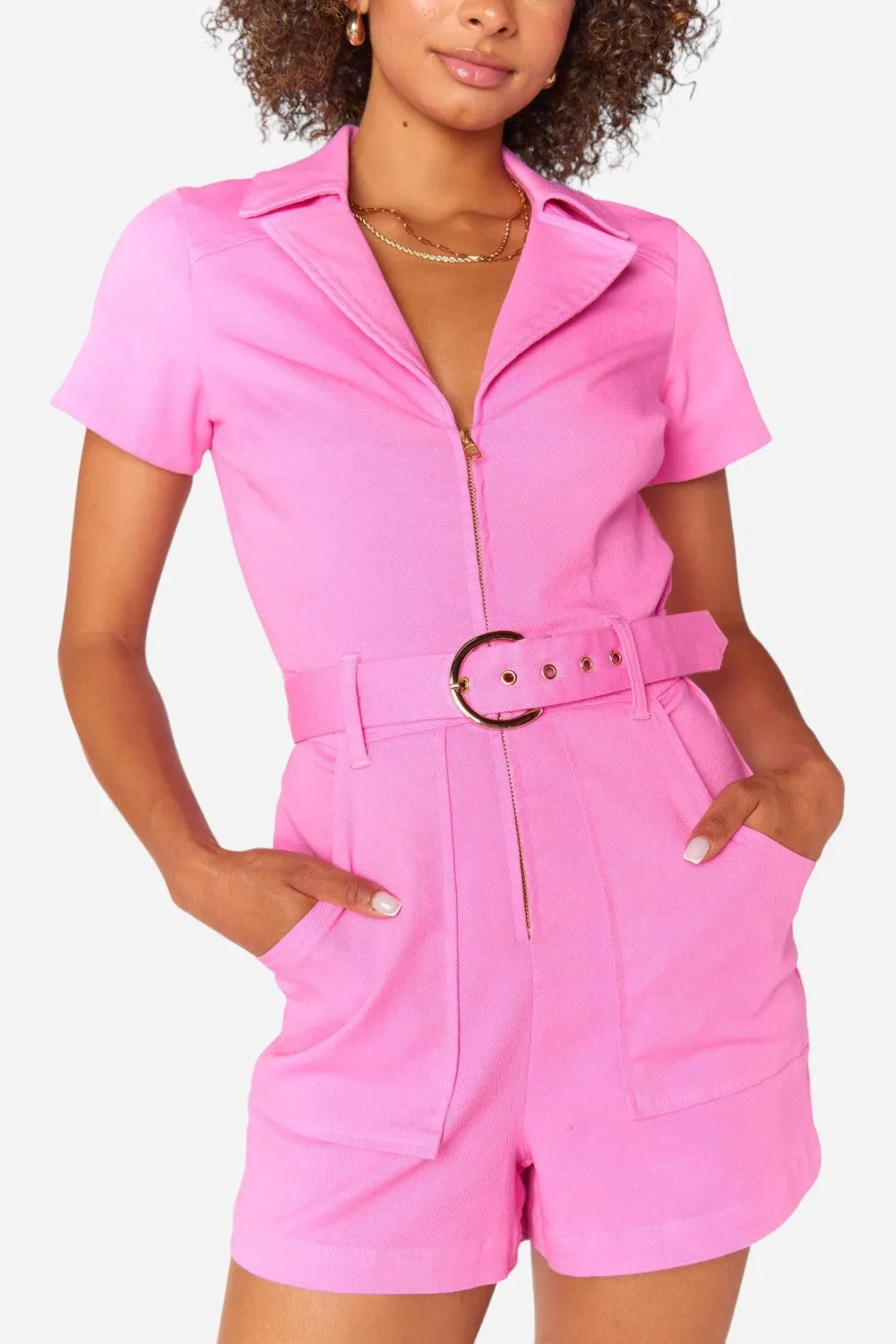 Show Me Your Mumu Outlaw Romper in Bubblegum Pink Denim