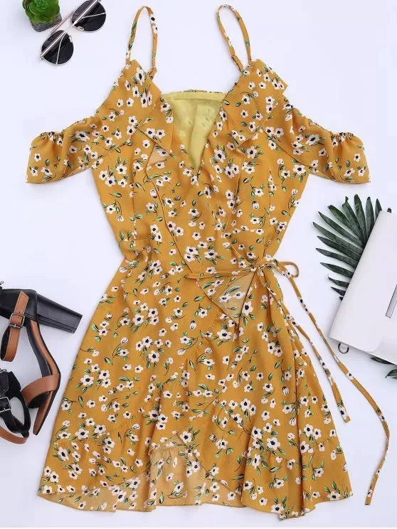 TastyHottie - Stunning Floral Print Ruffles Cami Wrap Dress