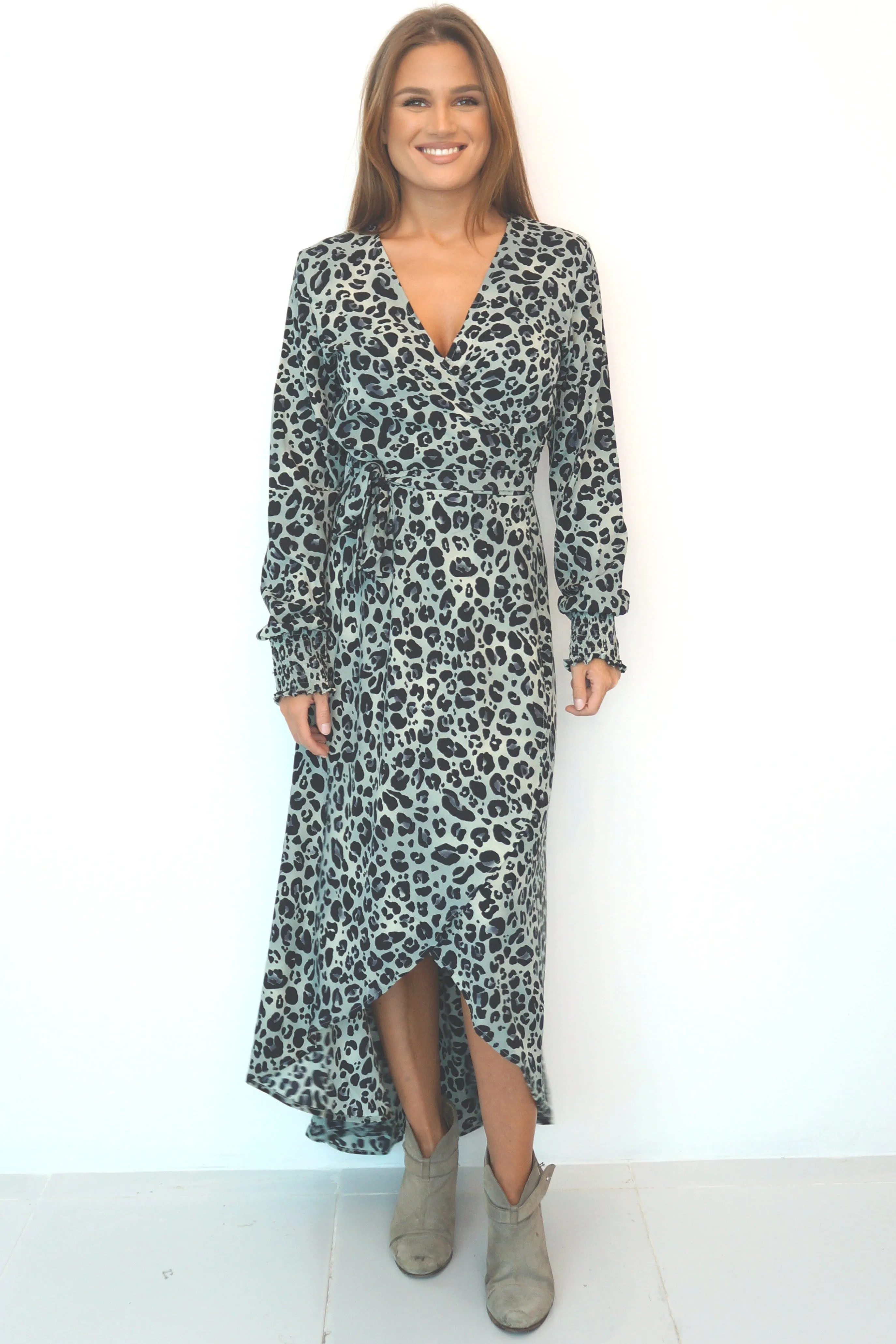 The Maxi Wrap Dress w/ Elastic Cuff Sleeves - Grey Pewter Animal