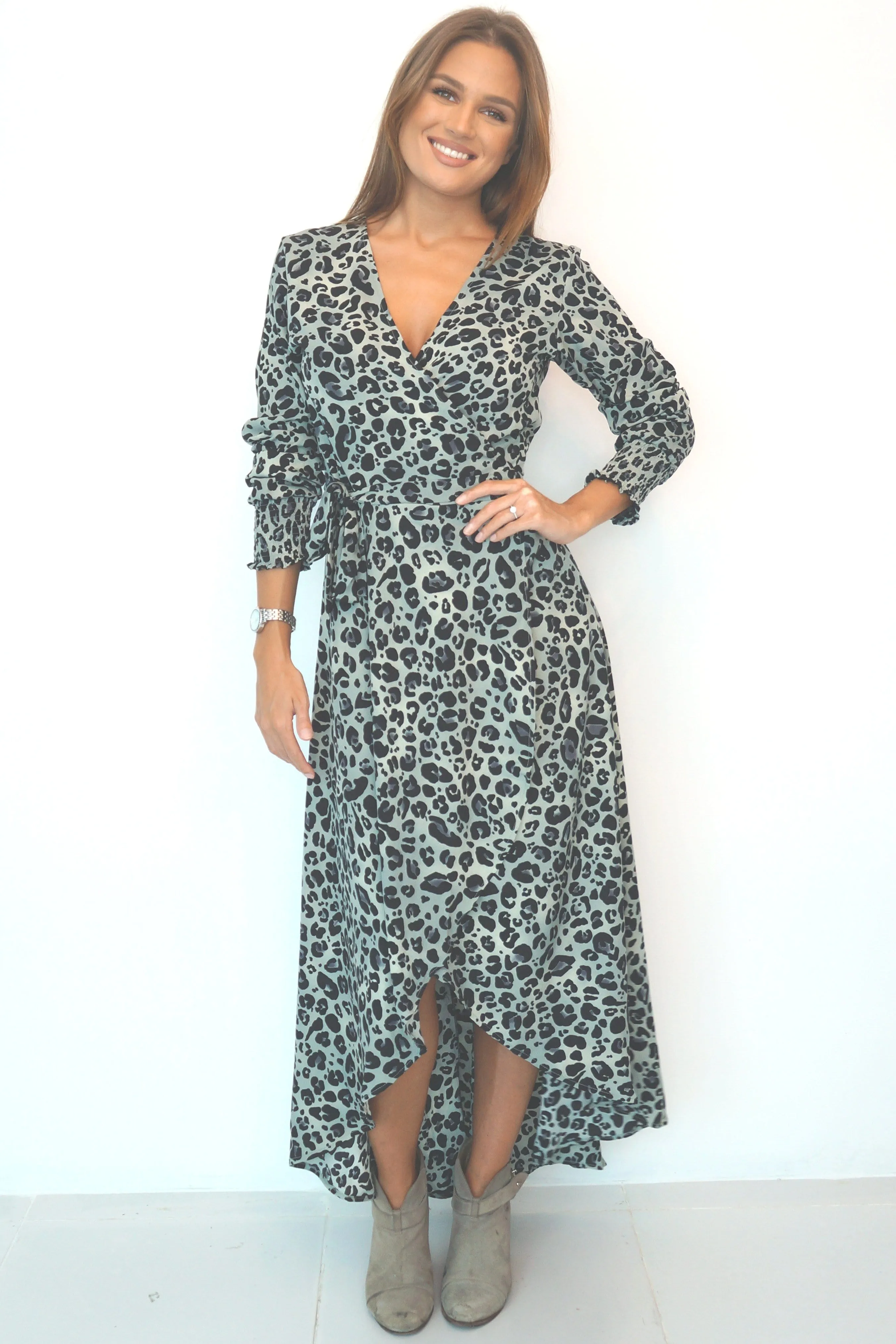 The Maxi Wrap Dress w/ Elastic Cuff Sleeves - Grey Pewter Animal