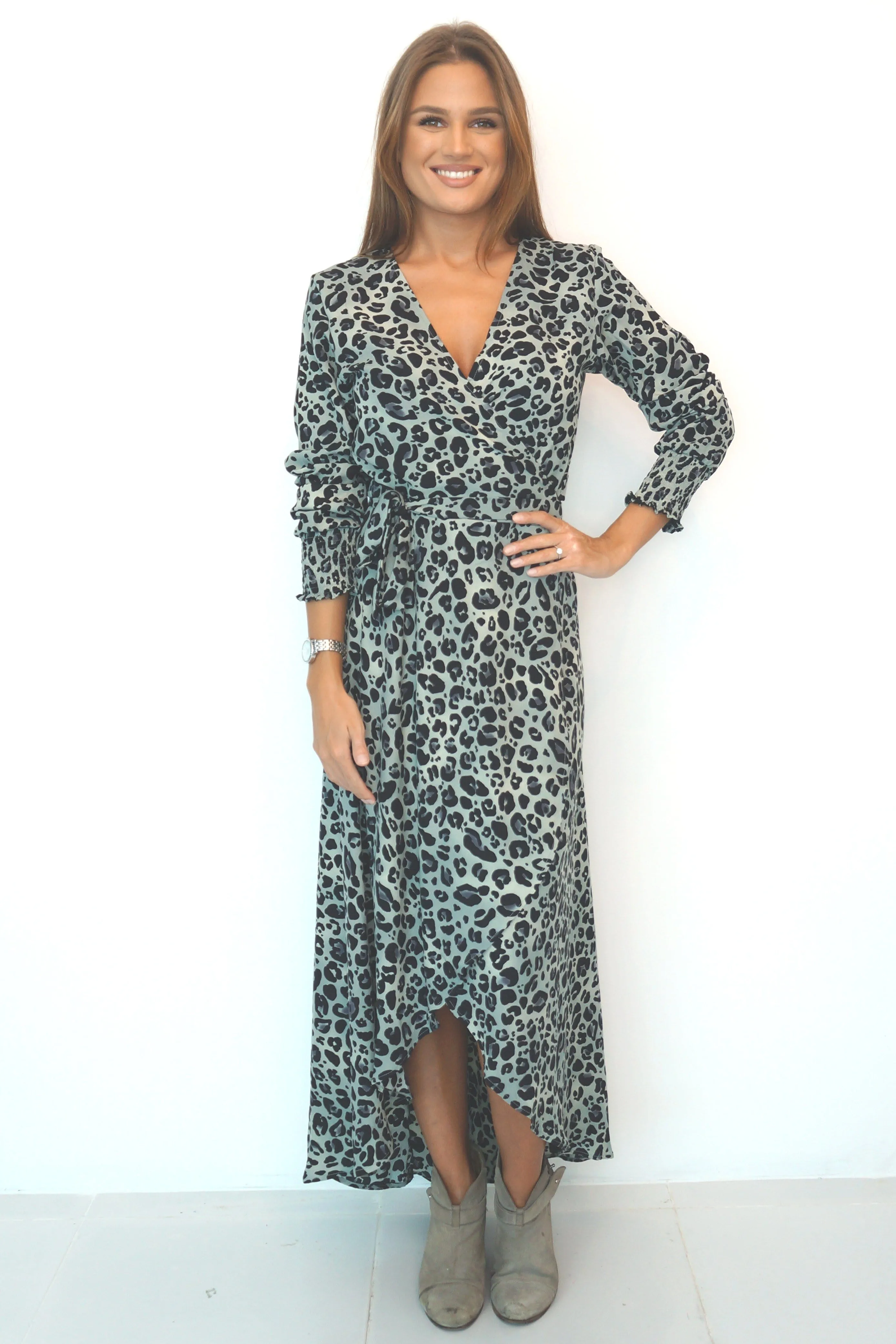 The Maxi Wrap Dress w/ Elastic Cuff Sleeves - Grey Pewter Animal