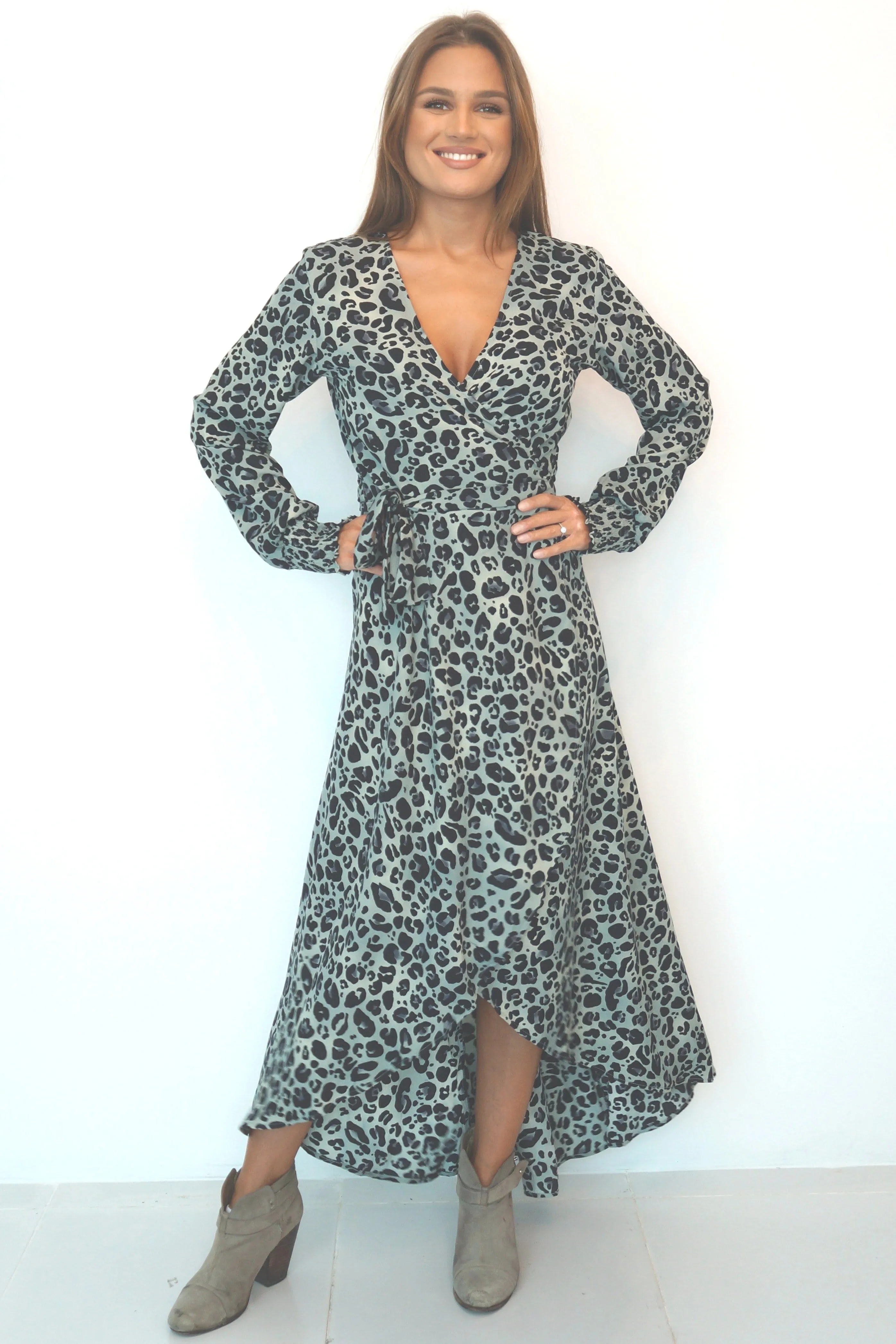 The Maxi Wrap Dress w/ Elastic Cuff Sleeves - Grey Pewter Animal