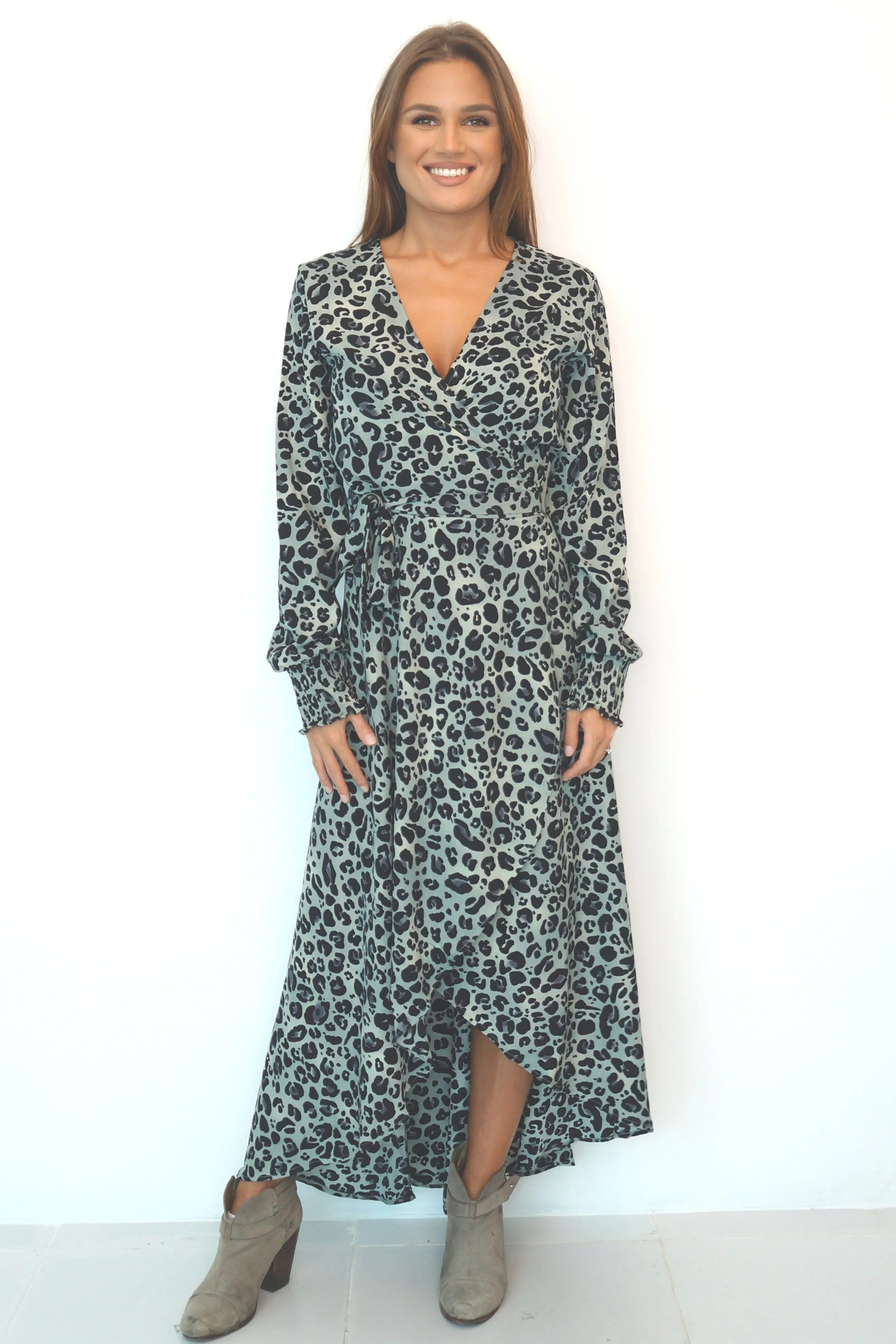 The Maxi Wrap Dress w/ Elastic Cuff Sleeves - Grey Pewter Animal