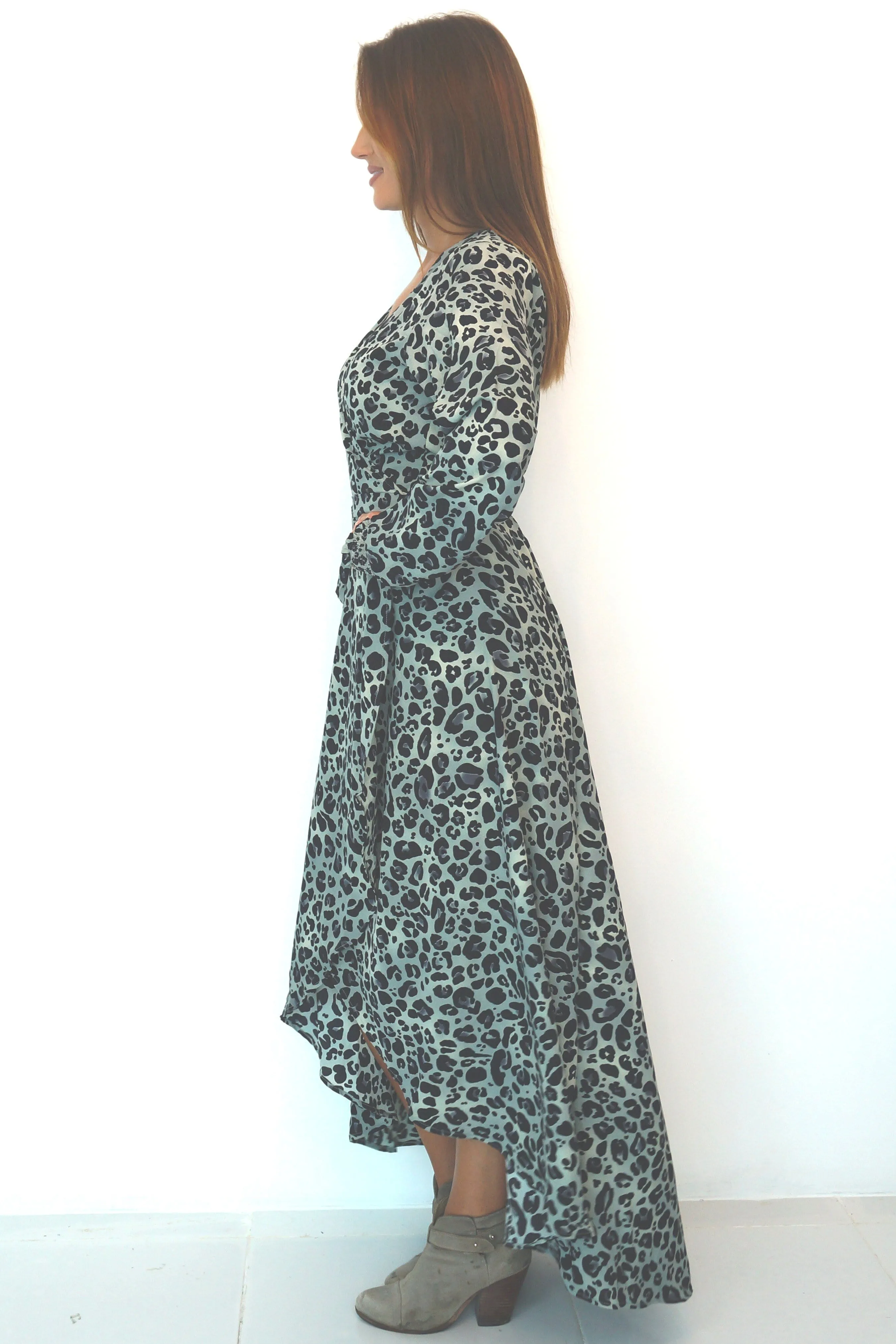 The Maxi Wrap Dress w/ Elastic Cuff Sleeves - Grey Pewter Animal