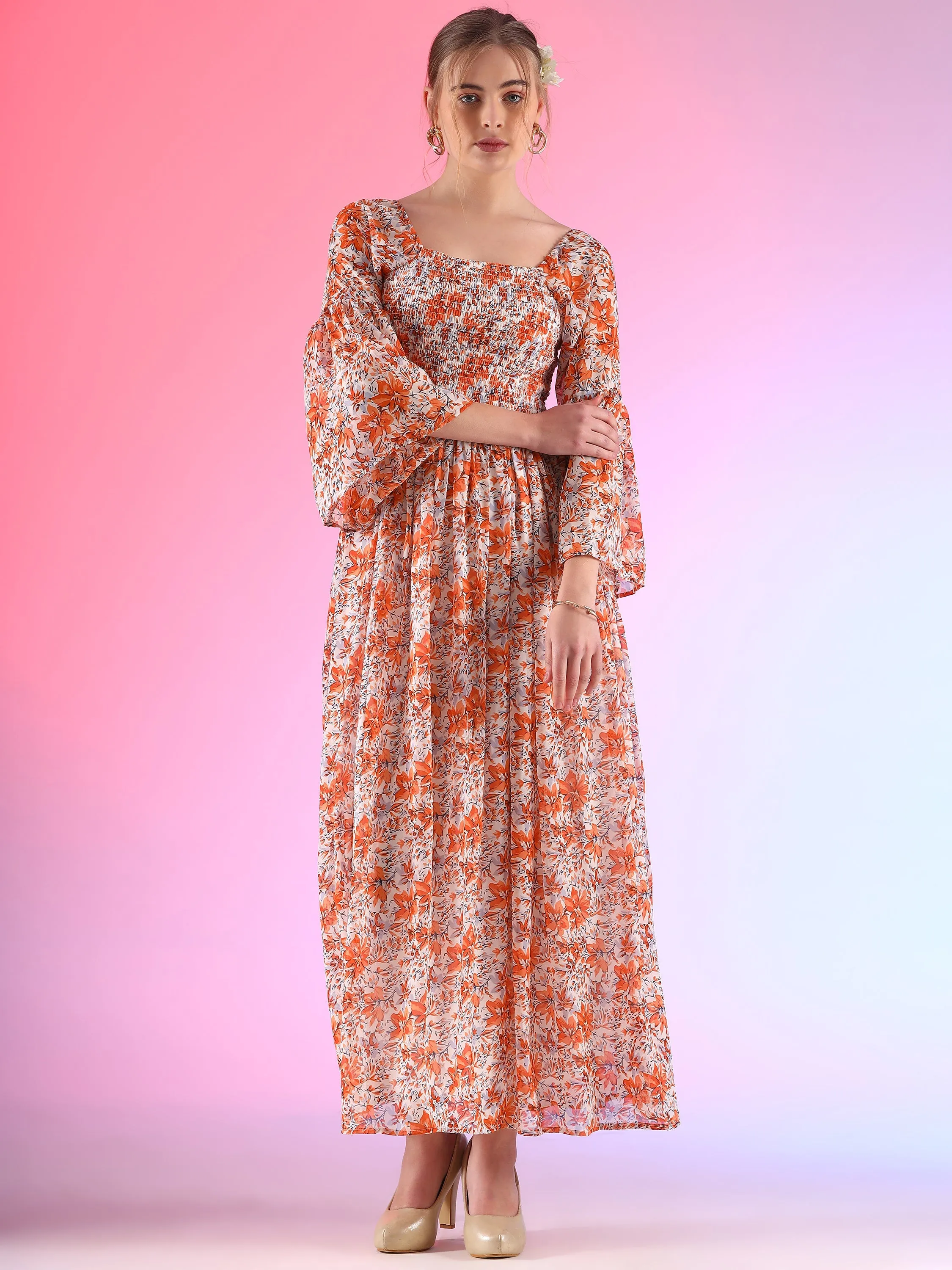 Women Floral Printed Flare Sleeve Smoking A-line Maxi Dress