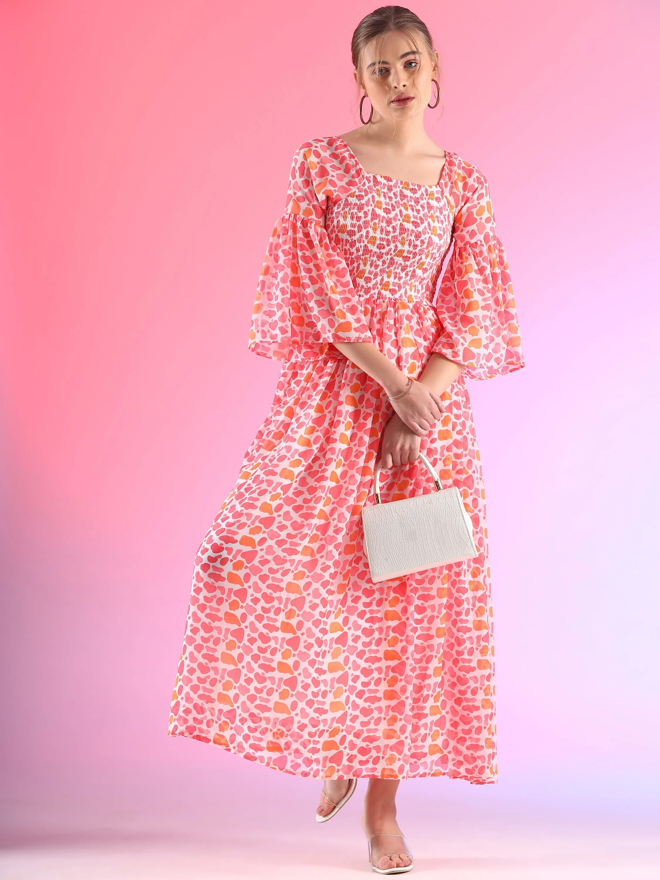 Women Floral Printed Flare Sleeve Smoking A-line Maxi Dress