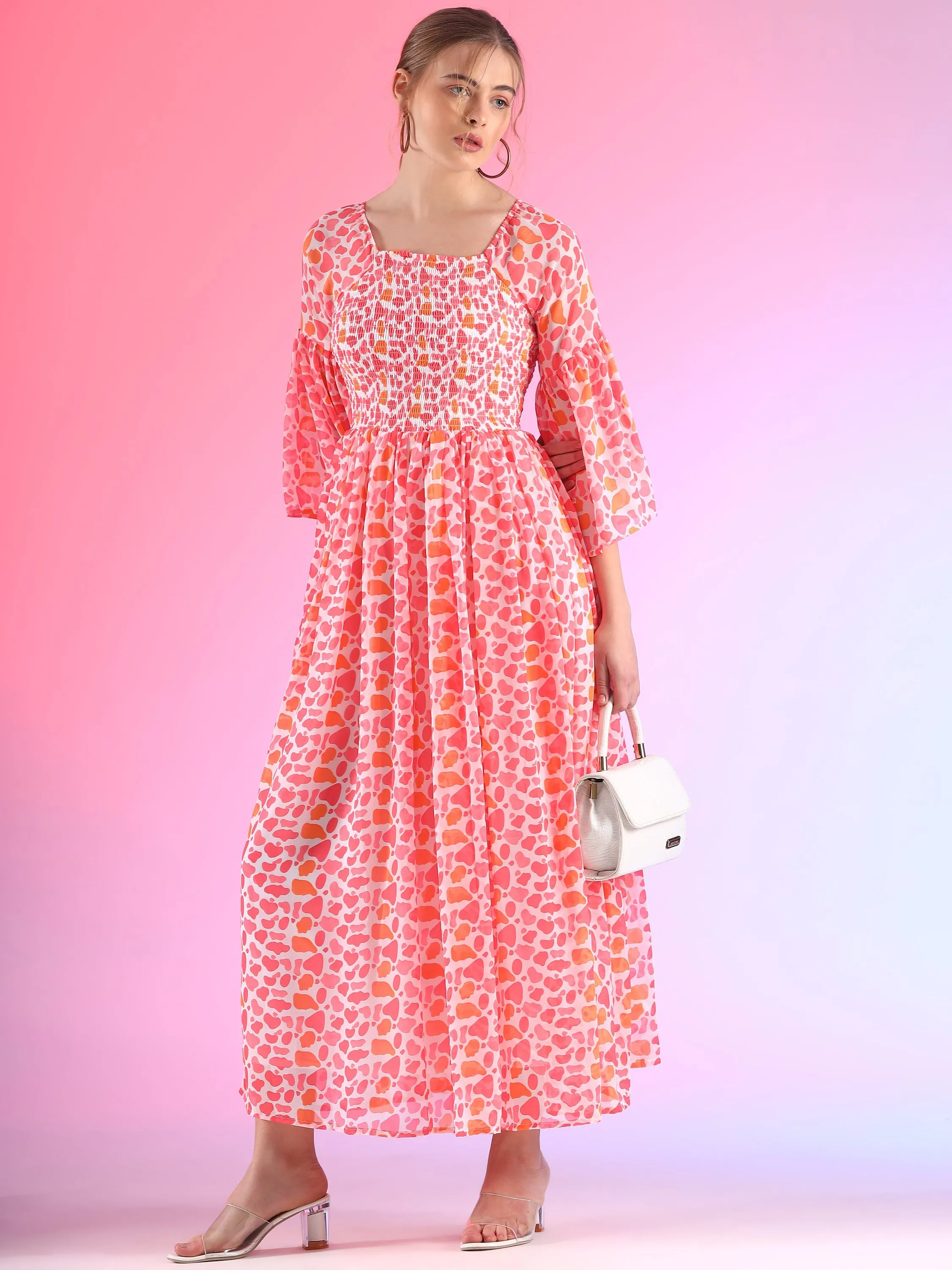 Women Floral Printed Flare Sleeve Smoking A-line Maxi Dress