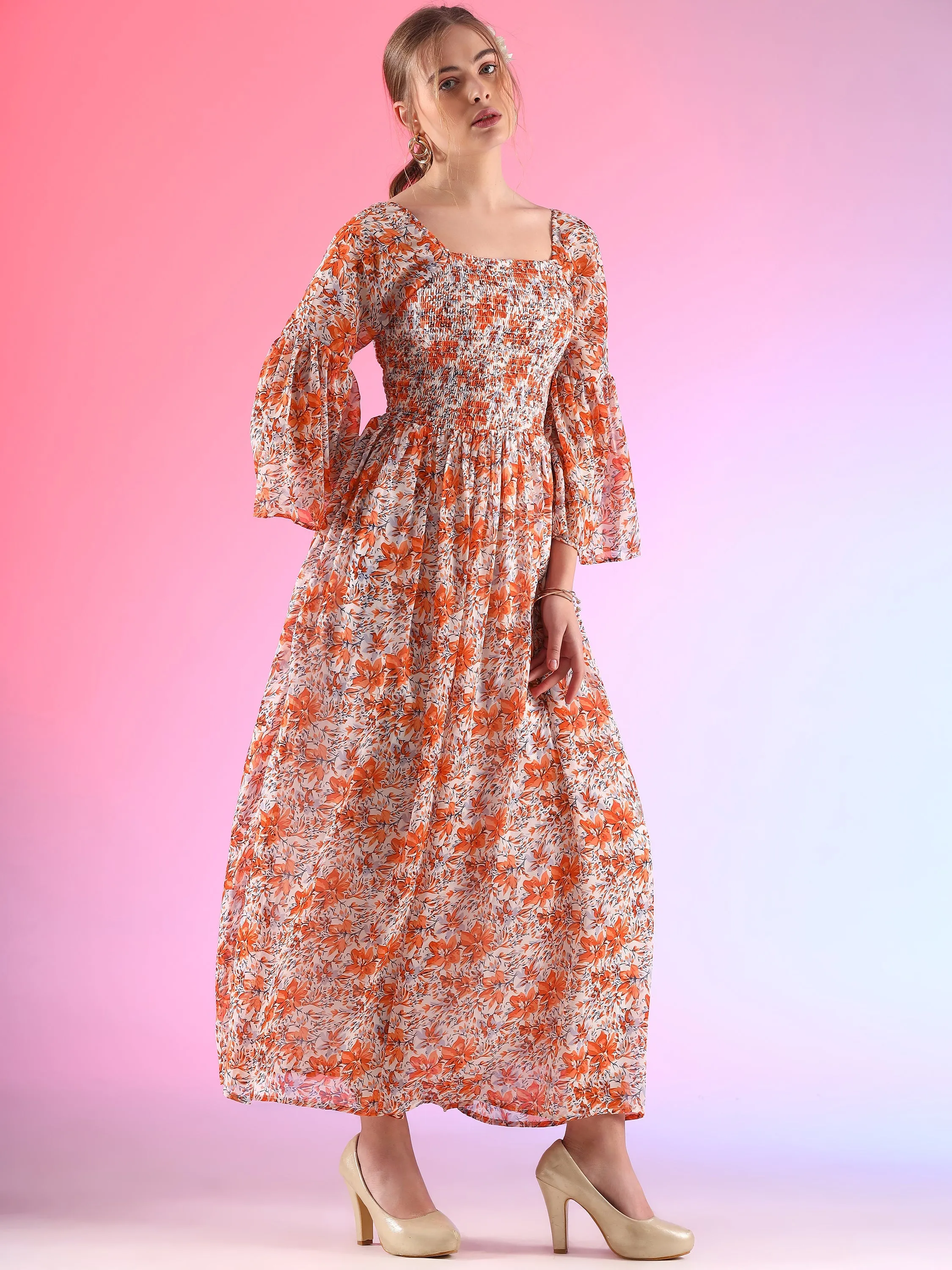 Women Floral Printed Flare Sleeve Smoking A-line Maxi Dress