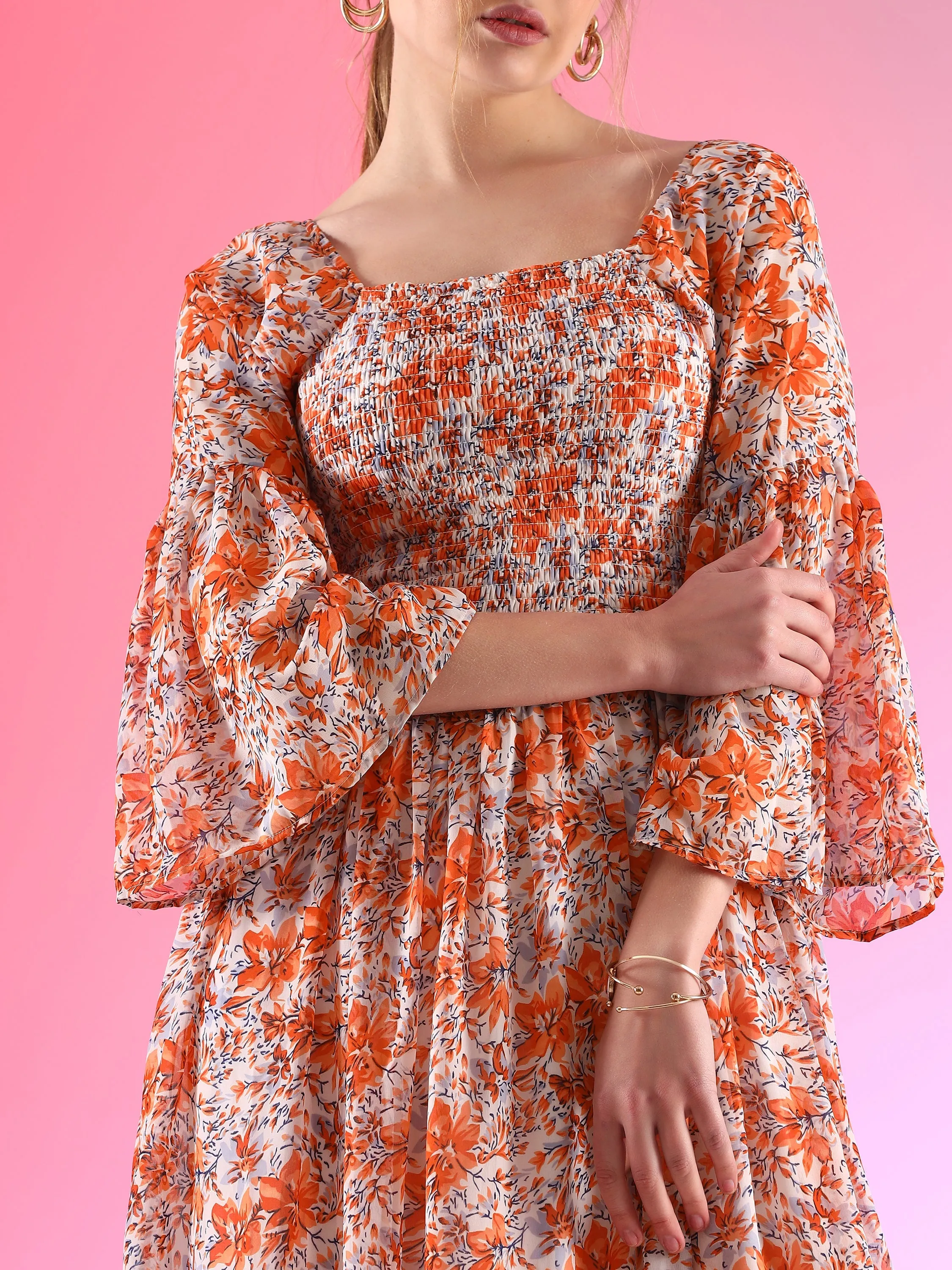 Women Floral Printed Flare Sleeve Smoking A-line Maxi Dress