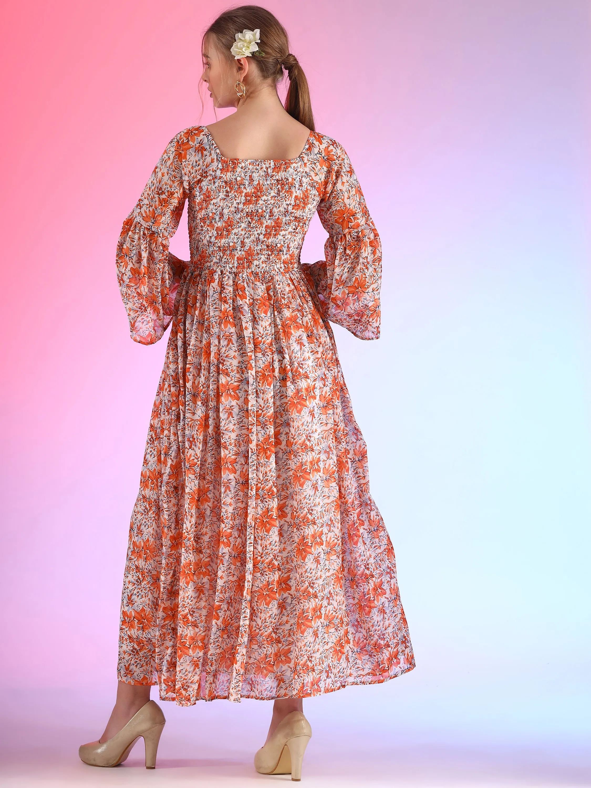 Women Floral Printed Flare Sleeve Smoking A-line Maxi Dress